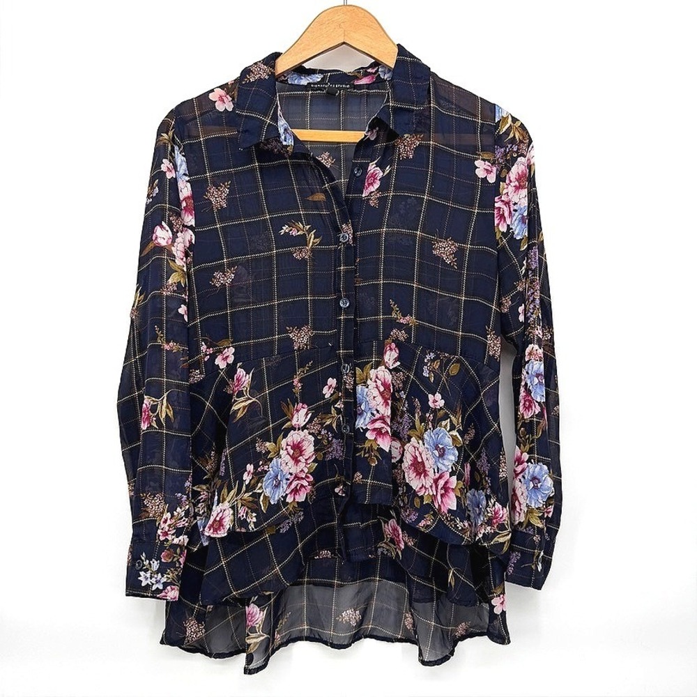 Signature Studio‎ Blouse Floral Plaid Sheer Button Down Whimsical Peplum Boho SM